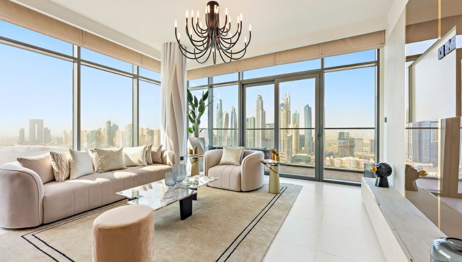 Stylish living room in furnished apartments in Dubai with modern decor and a stunning city view